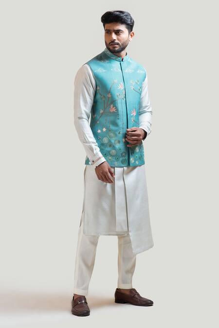 PAARSH Beige Jacket Silk Kurta Silk Pant Malai Embroidered Nehru And Set Online at Aza Fashions PAARSH_Beige Jacket Silk Kurta Silk Pant Malai Embroidered Nehru And Set _Online_at_Aza_Fashions