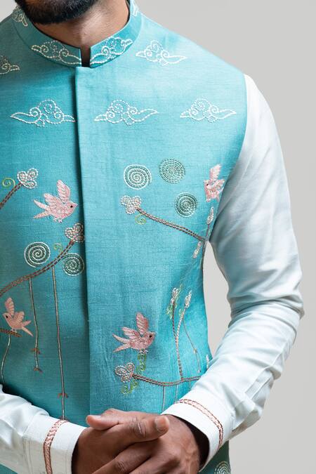 Shop PAARSH Beige Jacket Silk Kurta Silk Pant Malai Embroidered Nehru And Set Online at Aza Fashions Shop_PAARSH_Beige Jacket Silk Kurta Silk Pant Malai Embroidered Nehru And Set _Online_at_Aza_Fashions