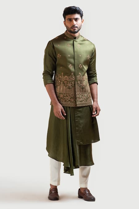 Buy_PAARSH_Green Linen Satin Embroidered Nehru Jacket _Online_at_Aza_Fashions