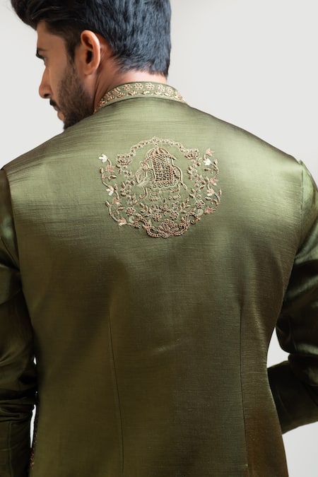 Shop_PAARSH_Green Linen Satin Embroidered Nehru Jacket _Online_at_Aza_Fashions