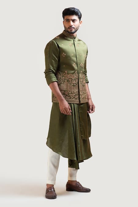 PAARSH_Green Jacket Linen Satin Kurta Bam Silk Pant Embroidered Nehru And Set_Online_at_Aza_Fashions