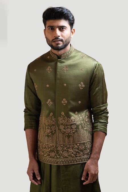 Buy_PAARSH_Green Jacket Linen Satin Kurta Bam Silk Pant Embroidered Nehru And Set_Online_at_Aza_Fashions
