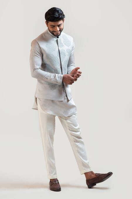 PAARSH Grey Linen Satin Embroidered Nehru Jacket Online at Aza Fashions PAARSH_Grey Linen Satin Embroidered Nehru Jacket _Online_at_Aza_Fashions