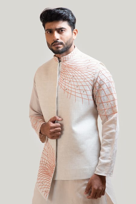 Buy Light Grey Art Banarasi Silk Nehru Jacket (NMK-5610) Online