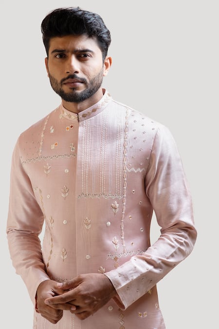 Buy_PAARSH_Beige Jacket Satin Kurta Cotton Pant Embroidered Nehru And Set_Online_at_Aza_Fashions