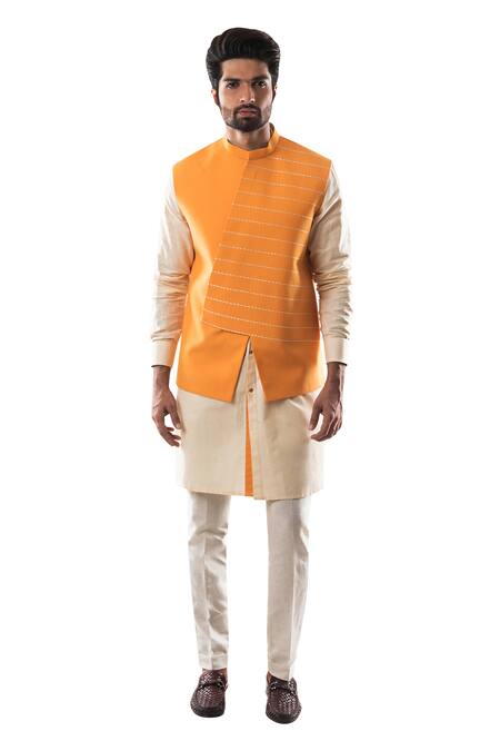 Smriti By Anju Agarwal Yellow Linen Cotton, Terrycot Embroidered Bundi And Kurta Set Online at Aza Fashions Smriti By Anju Agarwal_Yellow Linen Cotton, Terrycot Embroidered Bundi And Kurta Set _Online_at_Aza_Fashions