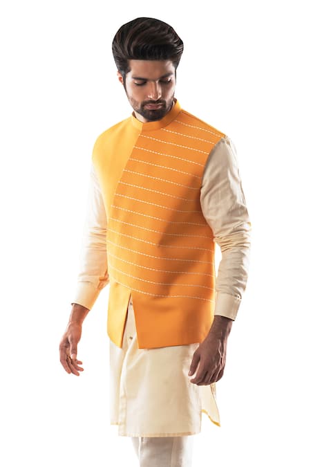 Smriti By Anju Agarwal Yellow Linen Cotton, Terrycot Embroidered Bundi And Kurta Set