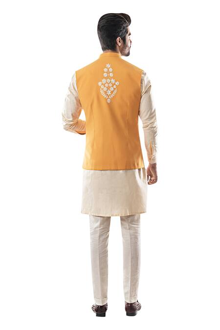 Shop Smriti By Anju Agarwal Yellow Linen Cotton, Terrycot Embroidered Bundi And Kurta Set at Aza Fashions Shop_Smriti By Anju Agarwal_Yellow Linen Cotton, Terrycot Embroidered Bundi And Kurta Set _at_Aza_Fashions