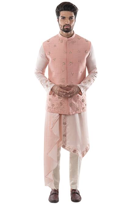 Buy_PAARSH_Pink Raw Silk Embroidered Bundi _Online_at_Aza_Fashions