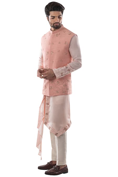 PAARSH_Pink Raw Silk Embroidered Bundi _Online_at_Aza_Fashions