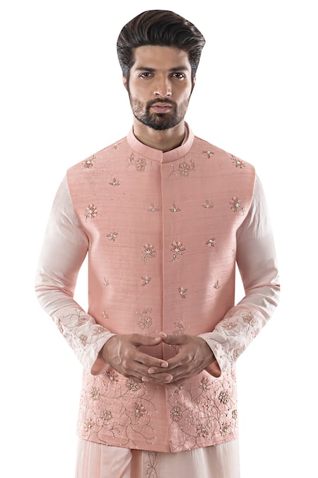 Paarsh Pink Raw Silk Embroidered Bundi 