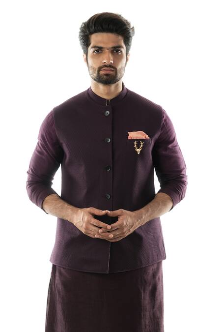 Buy_PAARSH_Purple Bemberg Silk, Terrycot Embroidered Bundi And Kurta Set_Online_at_Aza_Fashions