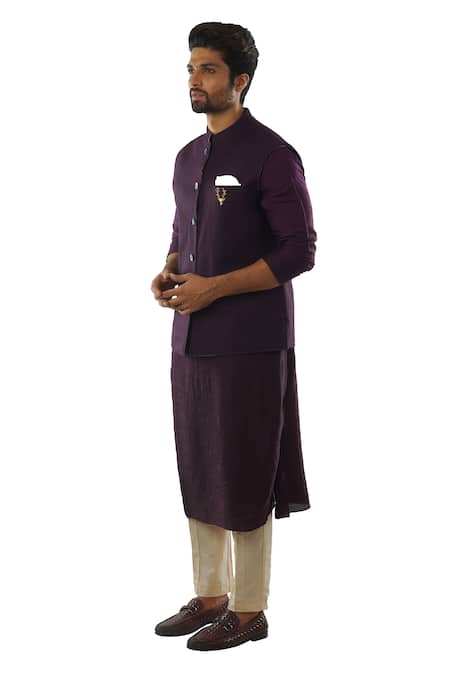 PAARSH_Purple Bemberg Silk, Terrycot Embroidered Bundi And Kurta Set_Online_at_Aza_Fashions