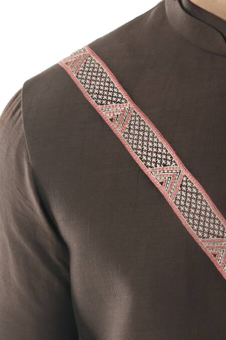 Buy_PAARSH_Brown Linen Satin Embroidered Bundi_Online_at_Aza_Fashions