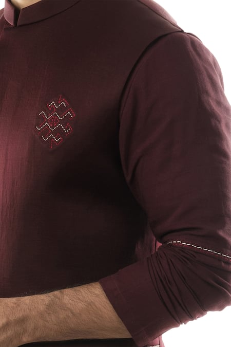 Shop_PAARSH_Maroon Cotton , Satin Embroidered Bundi And Kurta Set _Online_at_Aza_Fashions