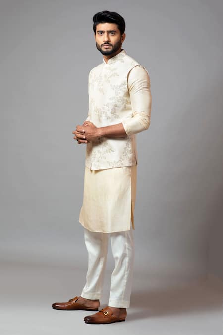 PAARSH_White Bam Silk Embroidered Bundi_Online_at_Aza_Fashions