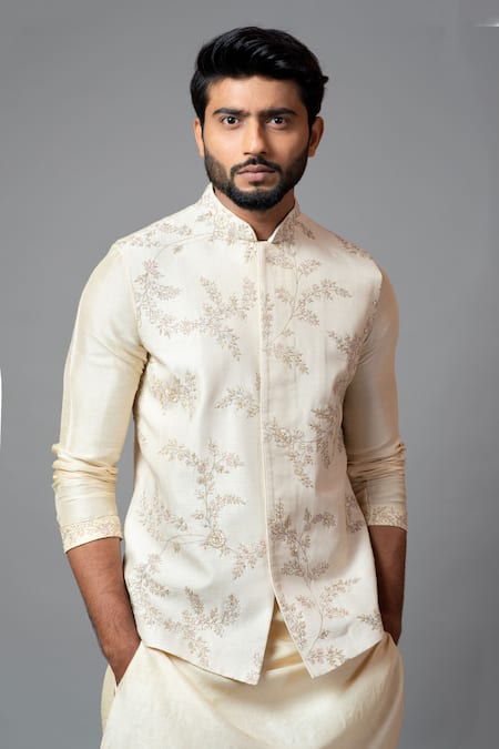 Buy_PAARSH_White Bam Silk Embroidered Bundi_Online_at_Aza_Fashions