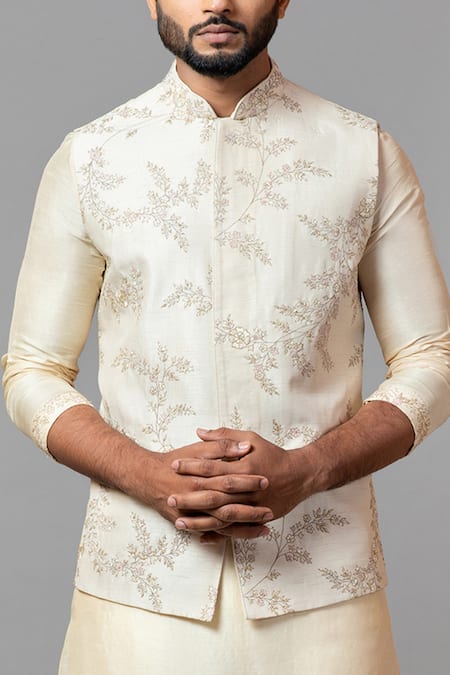 Shop PAARSH White Bam Silk, Malai Cotton Embroidered Bundi And Kurta Set Online at Aza Fashions Shop_PAARSH_White Bam Silk, Malai Cotton Embroidered Bundi And Kurta Set _Online_at_Aza_Fashions