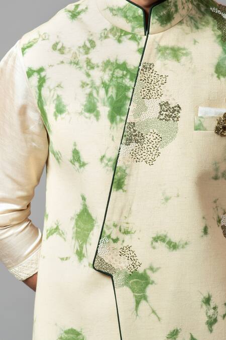 PAARSH_Beige Kora, Linen Satin, Malai Cotton Tie And Dye Bundi & Kurta Set_Online_at_Aza_Fashions
