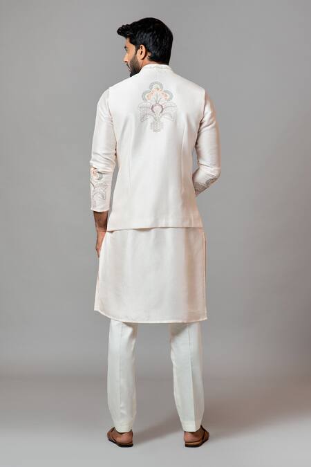 Shop_Paarsh_Pink Bam Silk, Malai Cotton Embroidered Bundi And Kurta Set _at_Aza_Fashions