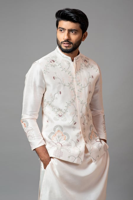 Buy_Paarsh_Pink Bam Silk, Malai Cotton Embroidered Bundi And Kurta Set _Online_at_Aza_Fashions