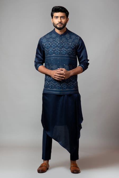 PAARSH_Blue Kora Embroidered Bundi_Online_at_Aza_Fashions