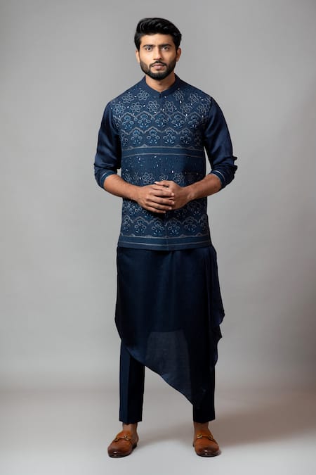 Paarsh Blue Kora Embroidered Bundi And Kurta Set 