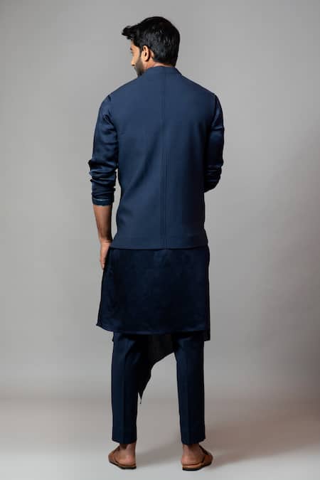 Shop PAARSH Blue Kora, Linen Satin, Malai Cotton Embroidered Bundi And Kurta Set at Aza Fashions Shop_PAARSH_Blue Kora, Linen Satin, Malai Cotton Embroidered Bundi And Kurta Set _at_Aza_Fashions