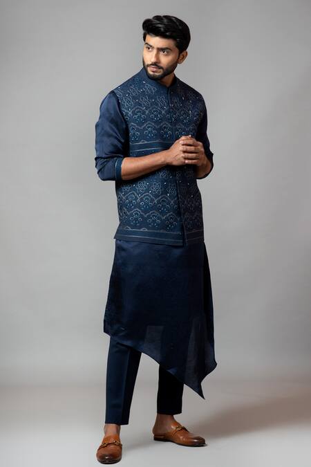 PAARSH Blue Kora, Linen Satin, Malai Cotton Embroidered Bundi And Kurta Set Online at Aza Fashions PAARSH_Blue Kora, Linen Satin, Malai Cotton Embroidered Bundi And Kurta Set _Online_at_Aza_Fashions