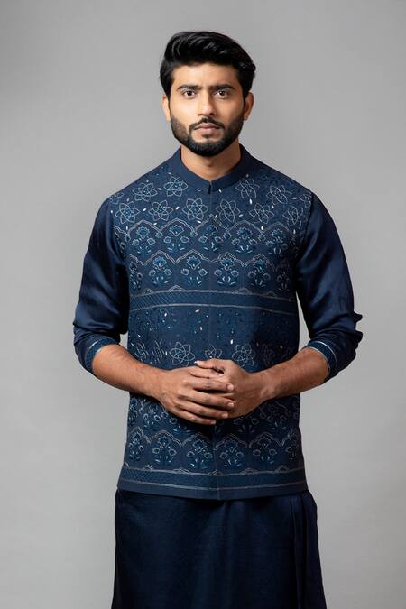 Buy PAARSH Blue Kora, Linen Satin, Malai Cotton Embroidered Bundi And Kurta Set Online at Aza Fashions Buy_PAARSH_Blue Kora, Linen Satin, Malai Cotton Embroidered Bundi And Kurta Set _Online_at_Aza_Fashions