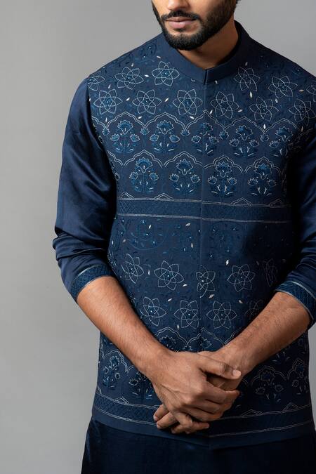 Shop PAARSH Blue Kora, Linen Satin, Malai Cotton Embroidered Bundi And Kurta Set Online at Aza Fashions Shop_PAARSH_Blue Kora, Linen Satin, Malai Cotton Embroidered Bundi And Kurta Set _Online_at_Aza_Fashions
