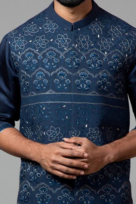 PAARSH Blue Kora, Linen Satin, Malai Cotton Embroidered Bundi And Kurta Set at Aza Fashions PAARSH_Blue Kora, Linen Satin, Malai Cotton Embroidered Bundi And Kurta Set _at_Aza_Fashions