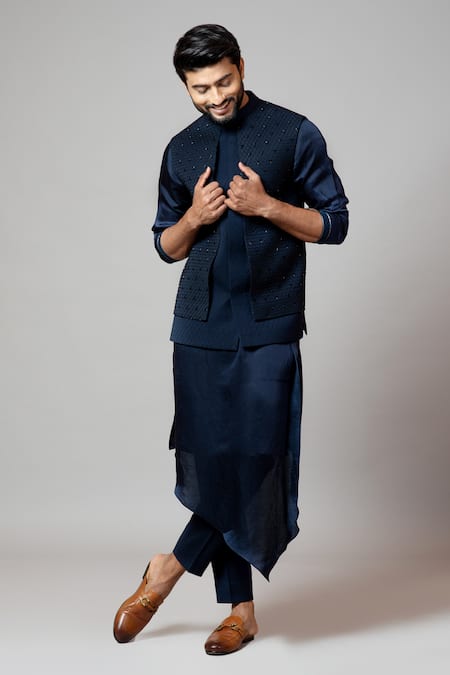 PAARSH_Blue Terry Cotton Embroidered Bundi _Online_at_Aza_Fashions