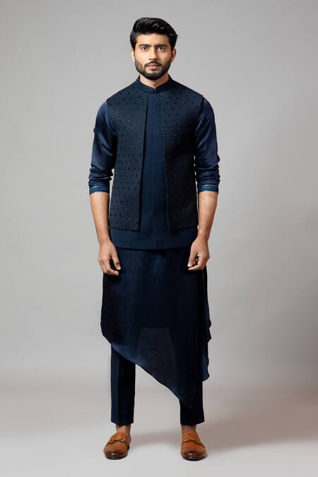 PAARSH_Blue Linen Satin, Malai Cotton, Suiting Embroidered Bundi And Draped Kurta Set _Online_at_Aza_Fashions