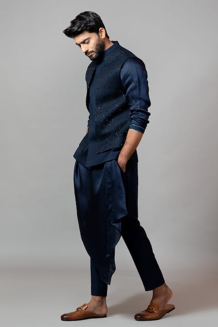 Buy_PAARSH_Blue Linen Satin, Malai Cotton, Suiting Embroidered Bundi And Draped Kurta Set _Online_at_Aza_Fashions