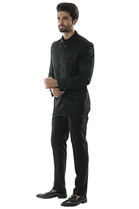 PAARSH Black Terrycot Button Front Bandhgala Set Online at Aza Fashions PAARSH_Black Terrycot Button Front Bandhgala Set _Online_at_Aza_Fashions