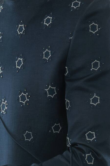 Shop PAARSH Blue Linen Satin, Terrycot Overlap Bandhgala Set Online at Aza Fashions Shop_PAARSH_Blue Linen Satin, Terrycot Overlap Bandhgala Set _Online_at_Aza_Fashions