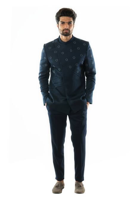 Buy PAARSH Blue Linen Satin, Terrycot Overlap Bandhgala Set Online at Aza Fashions Buy_PAARSH_Blue Linen Satin, Terrycot Overlap Bandhgala Set _Online_at_Aza_Fashions