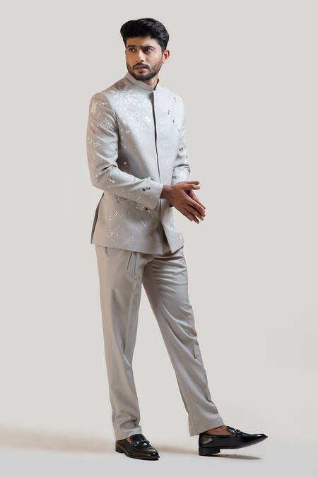 PAARSH_Grey Tricot Embroidered Bandhgala And Pant Set _Online_at_Aza_Fashions