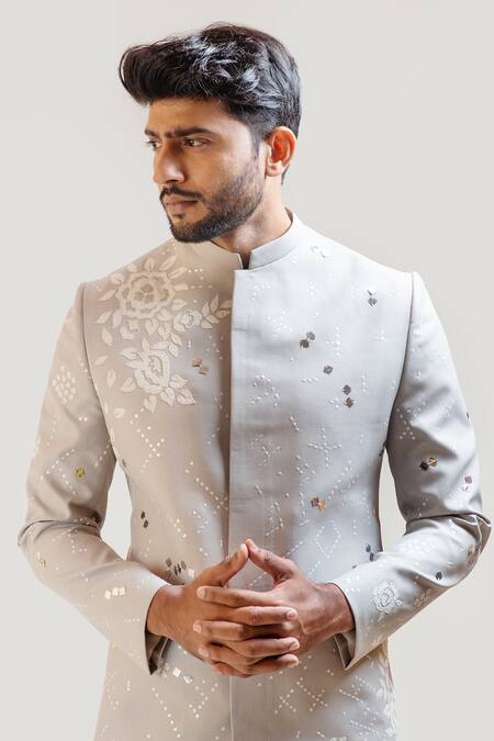 Buy_PAARSH_Grey Tricot Embroidered Bandhgala And Pant Set _Online_at_Aza_Fashions