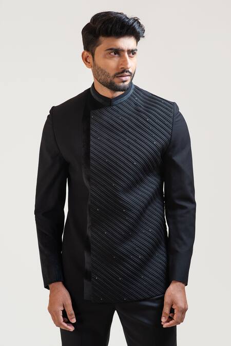 PAARSH_Black Tricot Embroidered Bandhgala And Pant Set _Online_at_Aza_Fashions