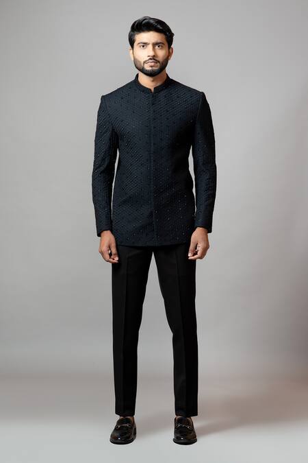 Paarsh_Black Suiting Embroidered Bandhgala Set _Online_at_Aza_Fashions