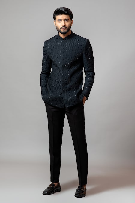 Buy_Paarsh_Black Suiting Embroidered Bandhgala Set _Online_at_Aza_Fashions