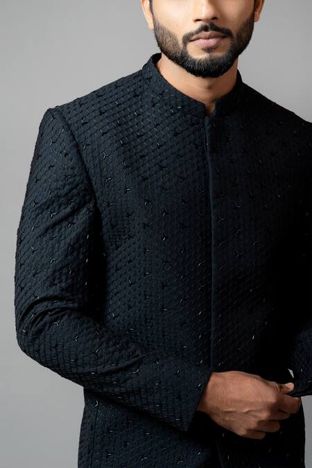 Shop_Paarsh_Black Suiting Embroidered Bandhgala Set _Online_at_Aza_Fashions