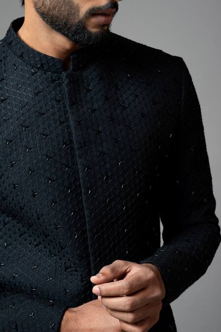 Paarsh_Black Suiting Embroidered Bandhgala Set _at_Aza_Fashions