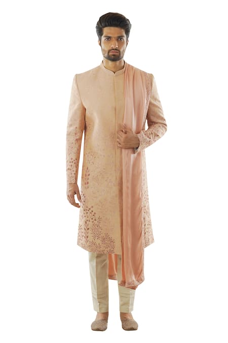 Buy Smriti By Anju Agarwal Peach Cotton, Raw Silk, Modal Satin Embroidered Sherwani Set Online at Aza Fashions Buy_Smriti By Anju Agarwal_Peach Cotton, Raw Silk, Modal Satin Embroidered Sherwani Set _Online_at_Aza_Fashions