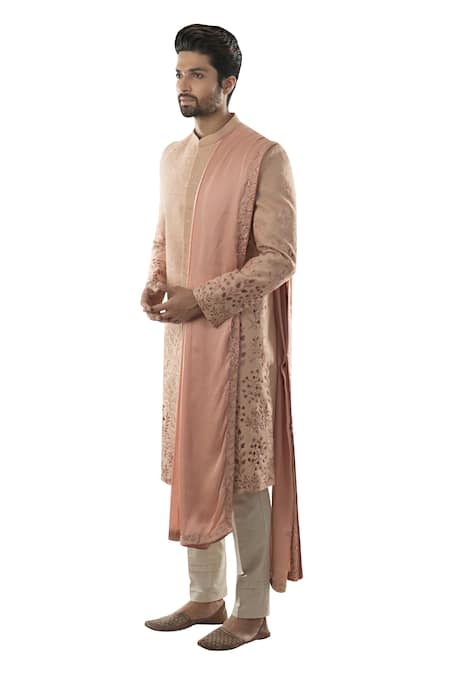Smriti By Anju Agarwal Peach Cotton, Raw Silk, Modal Satin Embroidered Sherwani Set Online at Aza Fashions Smriti By Anju Agarwal_Peach Cotton, Raw Silk, Modal Satin Embroidered Sherwani Set _Online_at_Aza_Fashions