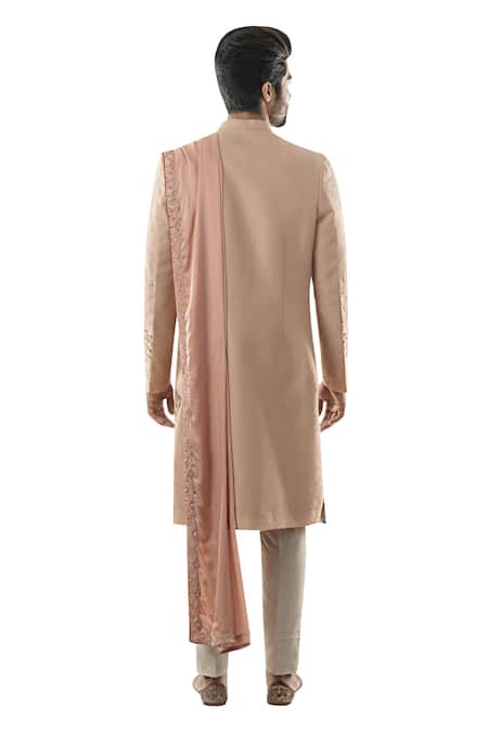 Shop Smriti By Anju Agarwal Peach Cotton, Raw Silk, Modal Satin Embroidered Sherwani Set at Aza Fashions Shop_Smriti By Anju Agarwal_Peach Cotton, Raw Silk, Modal Satin Embroidered Sherwani Set _at_Aza_Fashions
