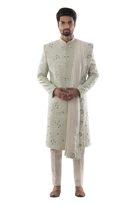 Buy Smriti By Anju Agarwal Green Cotton, Raw Silk Embroidered Sherwani Set Online at Aza Fashions Buy_Smriti By Anju Agarwal_Green Cotton, Raw Silk Embroidered Sherwani Set _Online_at_Aza_Fashions
