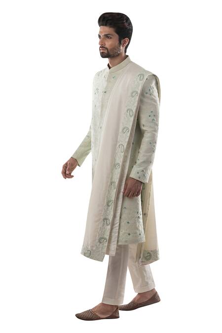 Smriti By Anju Agarwal Green Cotton, Raw Silk Embroidered Sherwani Set Online at Aza Fashions Smriti By Anju Agarwal_Green Cotton, Raw Silk Embroidered Sherwani Set _Online_at_Aza_Fashions